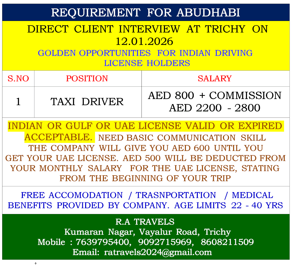 REQUIREMENT FOR ABUDHABI
