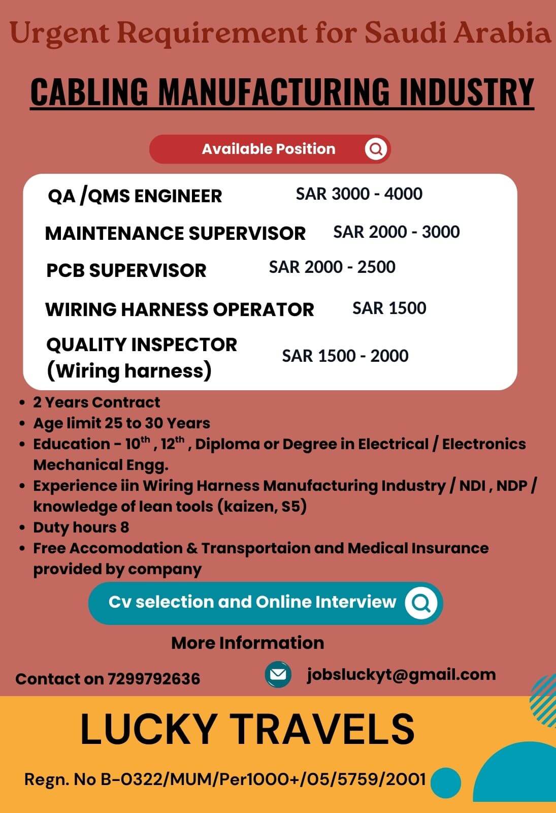 Urgently Required for Maintenance Project for Saudi Arabia / CV Selection & Online Interview / contact for further details on 7299792636