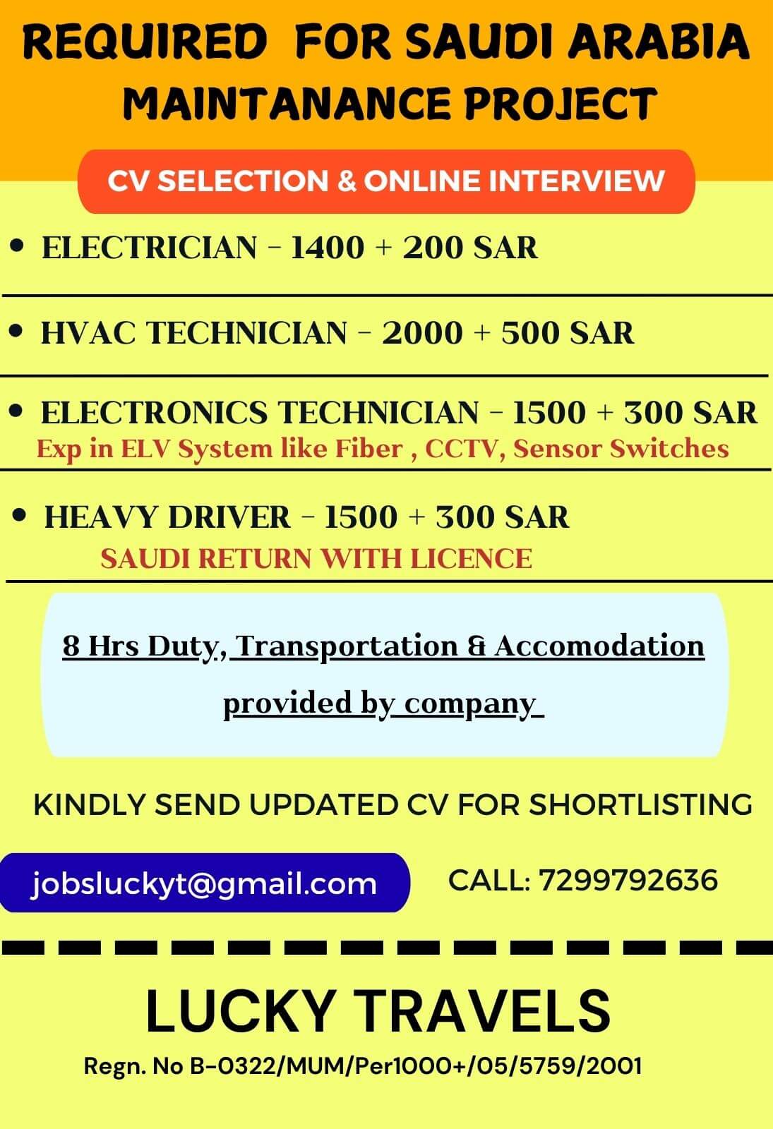 Urgently Required for Manufacturing company for Saudi Arabia / CV Selection & Online Interview / contact for further details on 7299792636