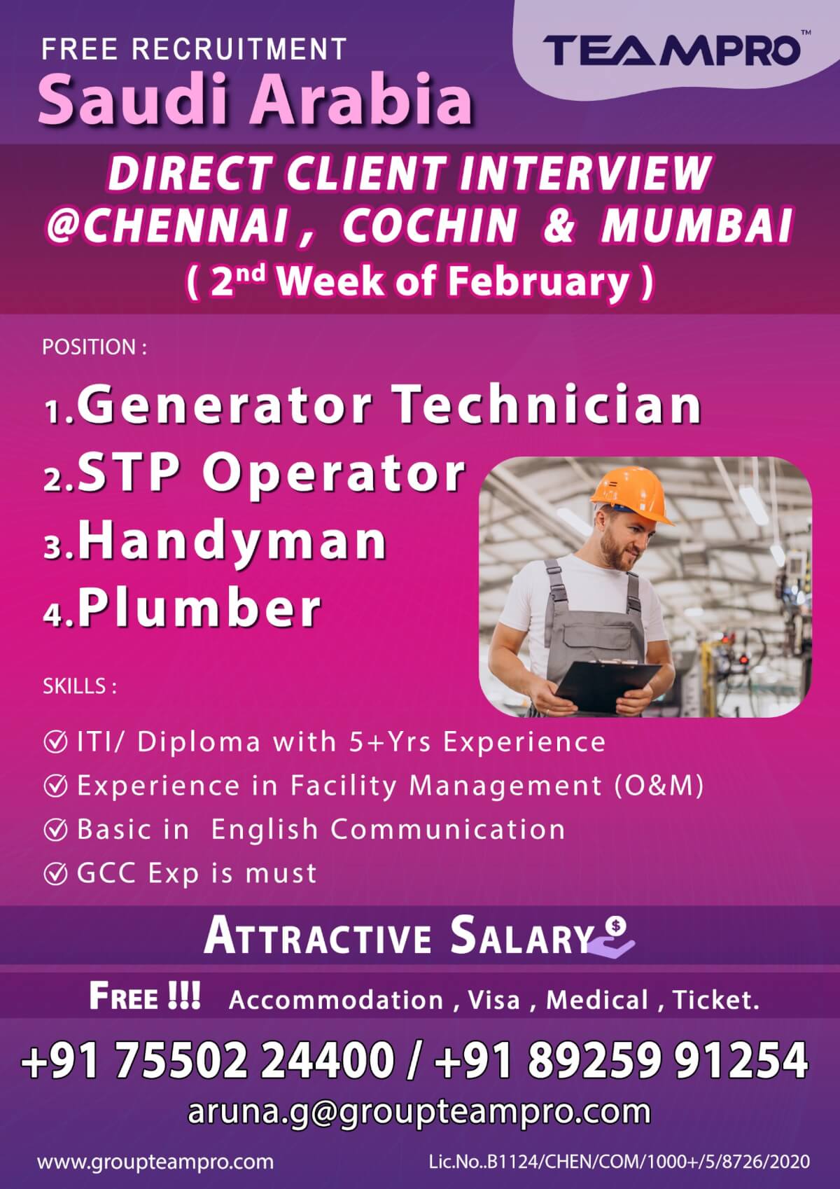 ? Generator Technician  , STP Operator  ,Handyman  , Plumber , Lifeguard ,Gardener , Barber, Facility Engineer