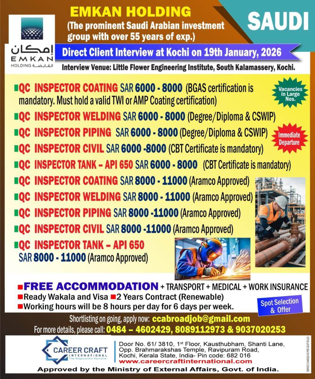 Client Interview at Kochi on 19th January, 2026 for Emkan Engineering, Saudi Arabia -
