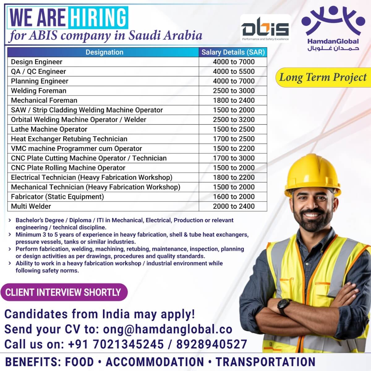 We are Hiring for ABIS company in KSA