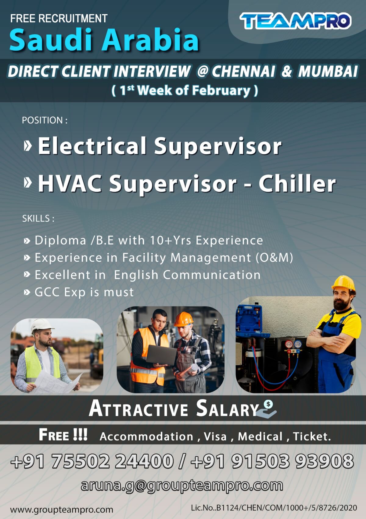 Electrical Supervisor  , HVAC Supervisor – Chiller