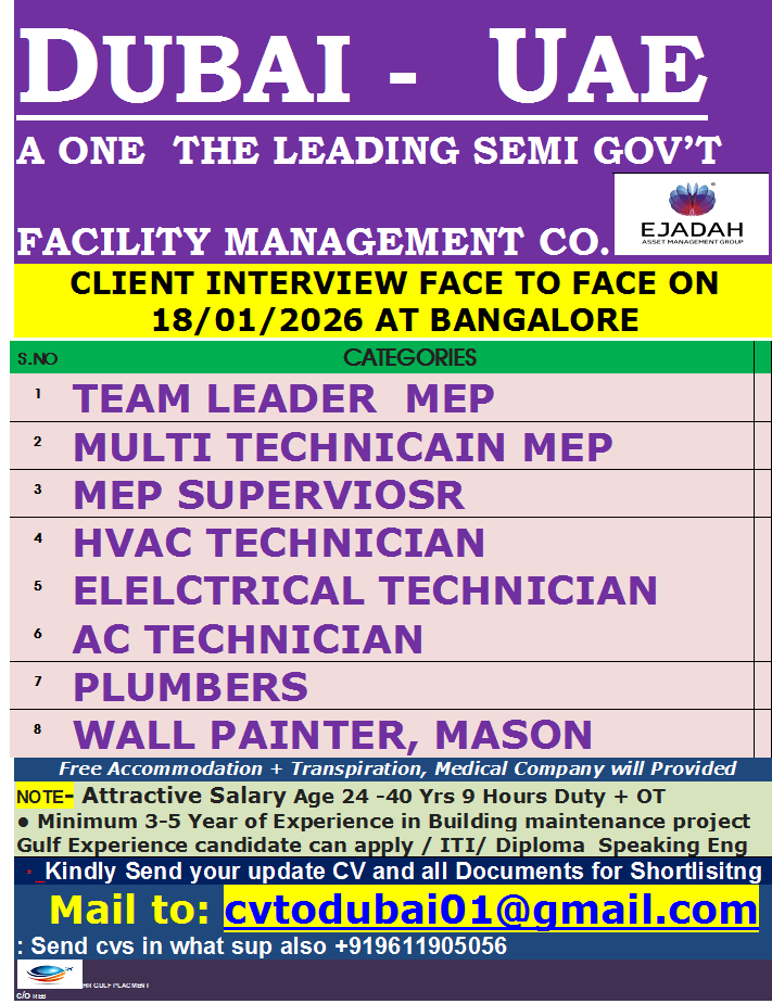 DUBAI -  UAE  A ONE  THE LEADING SEMI GOV’T  FACILITY MANAGEMENT CO.  CLIENT INTERVIEW FACE TO FACE ON 18/01/2026 AT BANGALORE