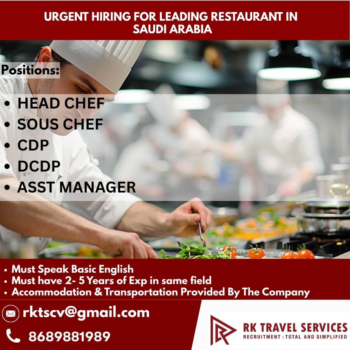 URGENT HIRING FOR LEADING RESTAURANT IN SAUDI ARABIA