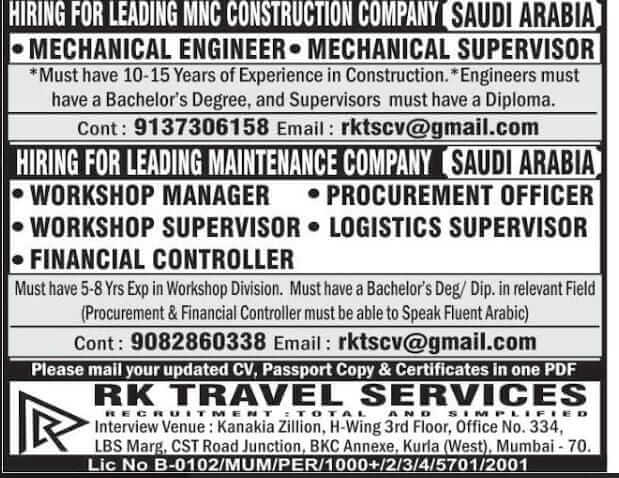 HIRING FOR LEADING MNC CONSTRUCTION COMPANY SAUDI ARABIA
