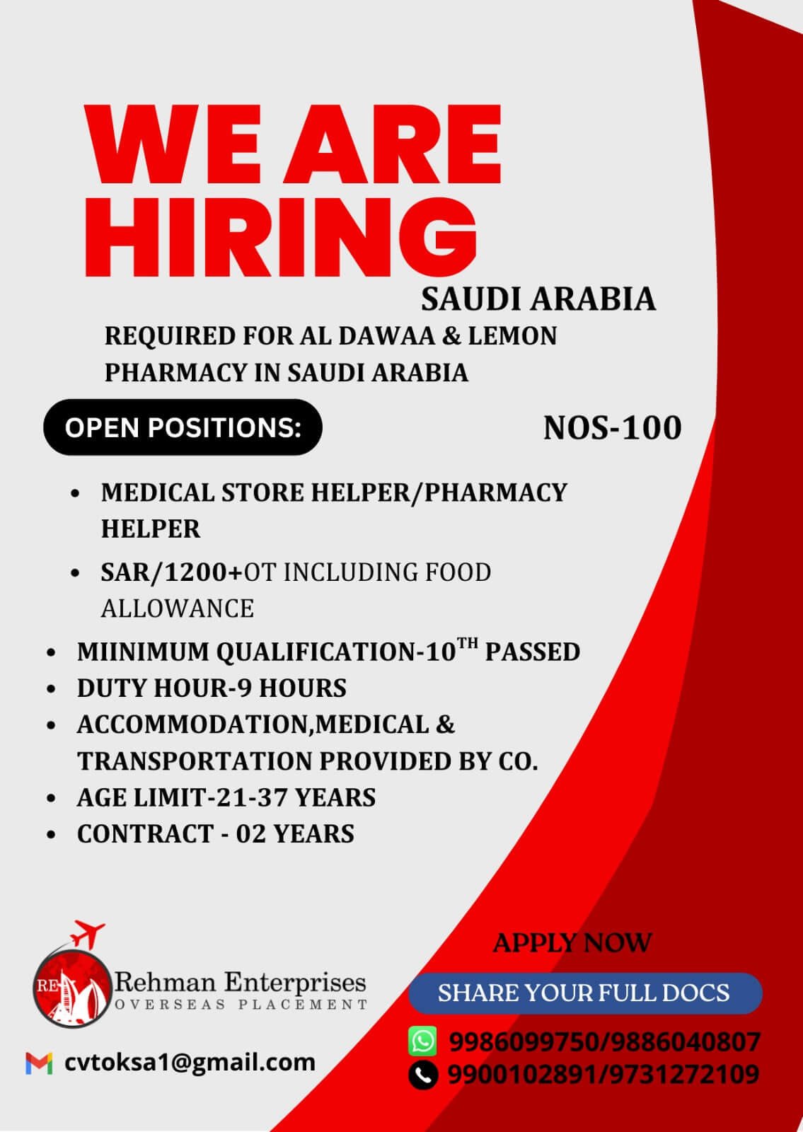 REQUIRED FOR AL DAWA & LEMON PHARMACY IN SAUDI ARABIA