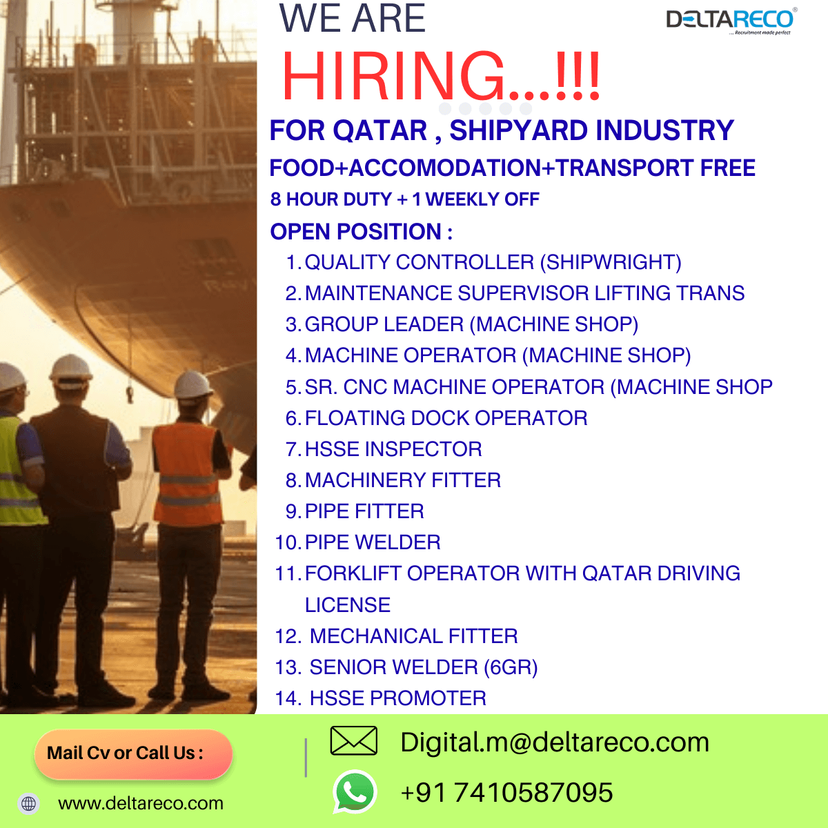 Hiring For a Shipyard multiple Positions with good Salary Hiring For a Shipyard multiple Positions with good Salary