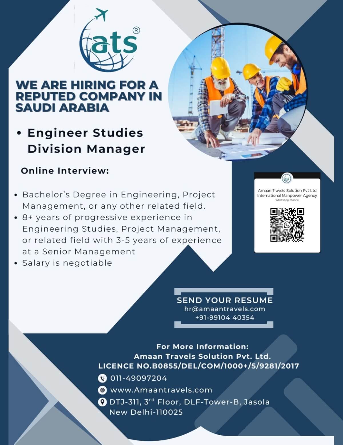 Hiring for A Reputed Company in Saudi Arabia ( Engineering Studies Division Manager) Hiring for A Reputed Company in Saudi Arabia ( Engineering Studies Division Manager)
