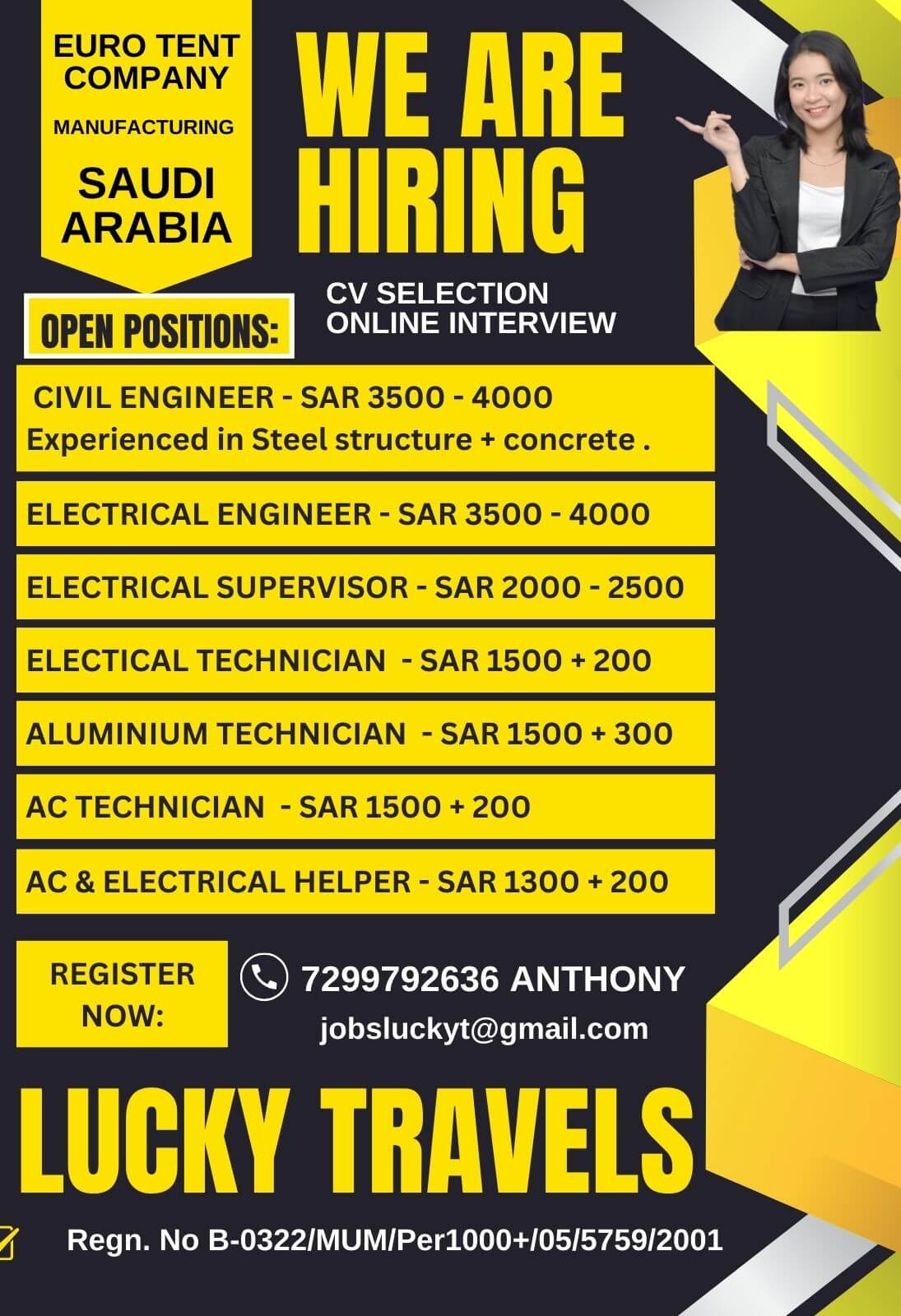 Urgently Hiring for Saudi European Tent Company / CV Selection & ONline Interview/ Contact on 7299792636 Urgently Hiring for Saudi European Tent Company / CV Selection & ONline Interview/ Contact on 7299792636