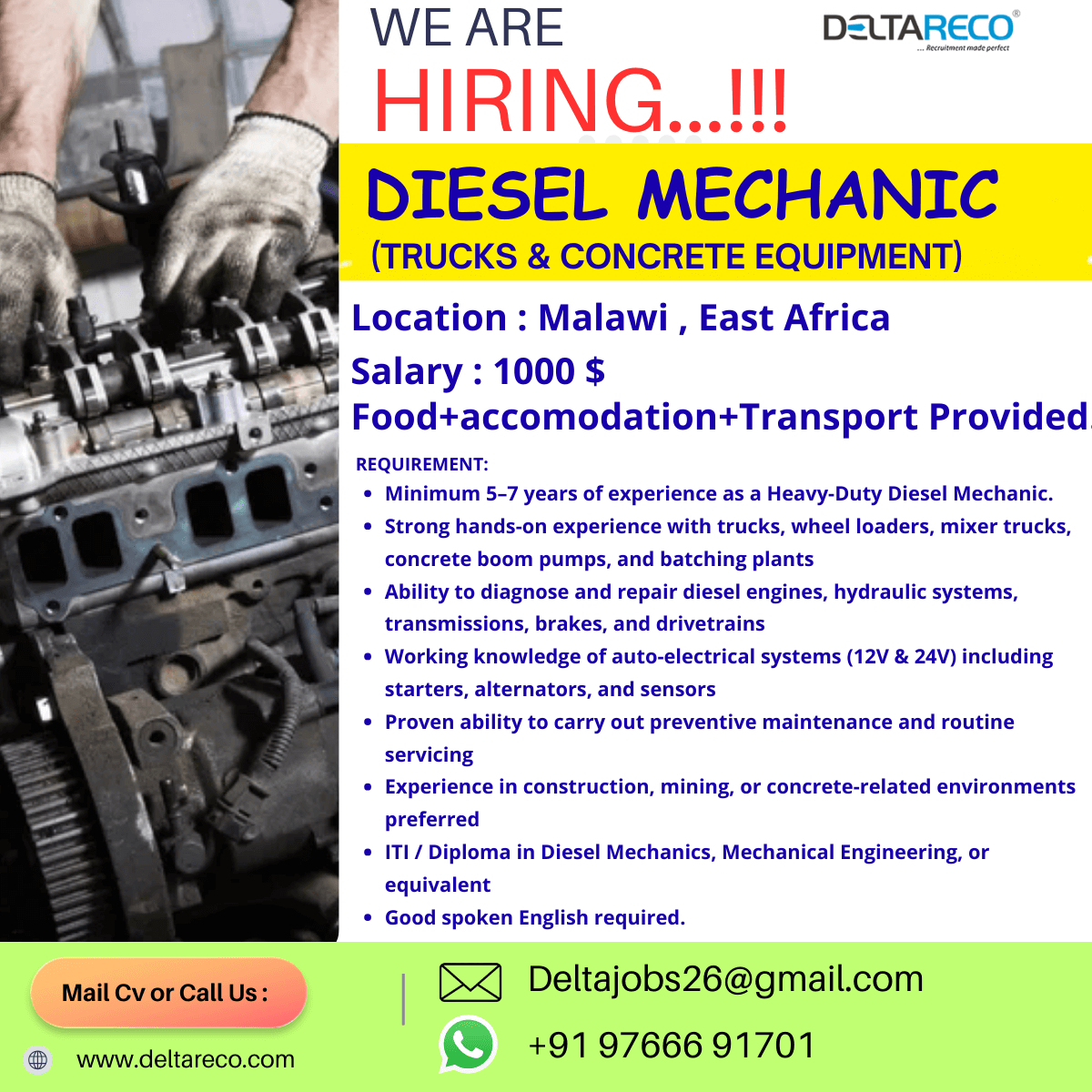 Hiring Diesel Truck Mechanic for Malawi East Africa