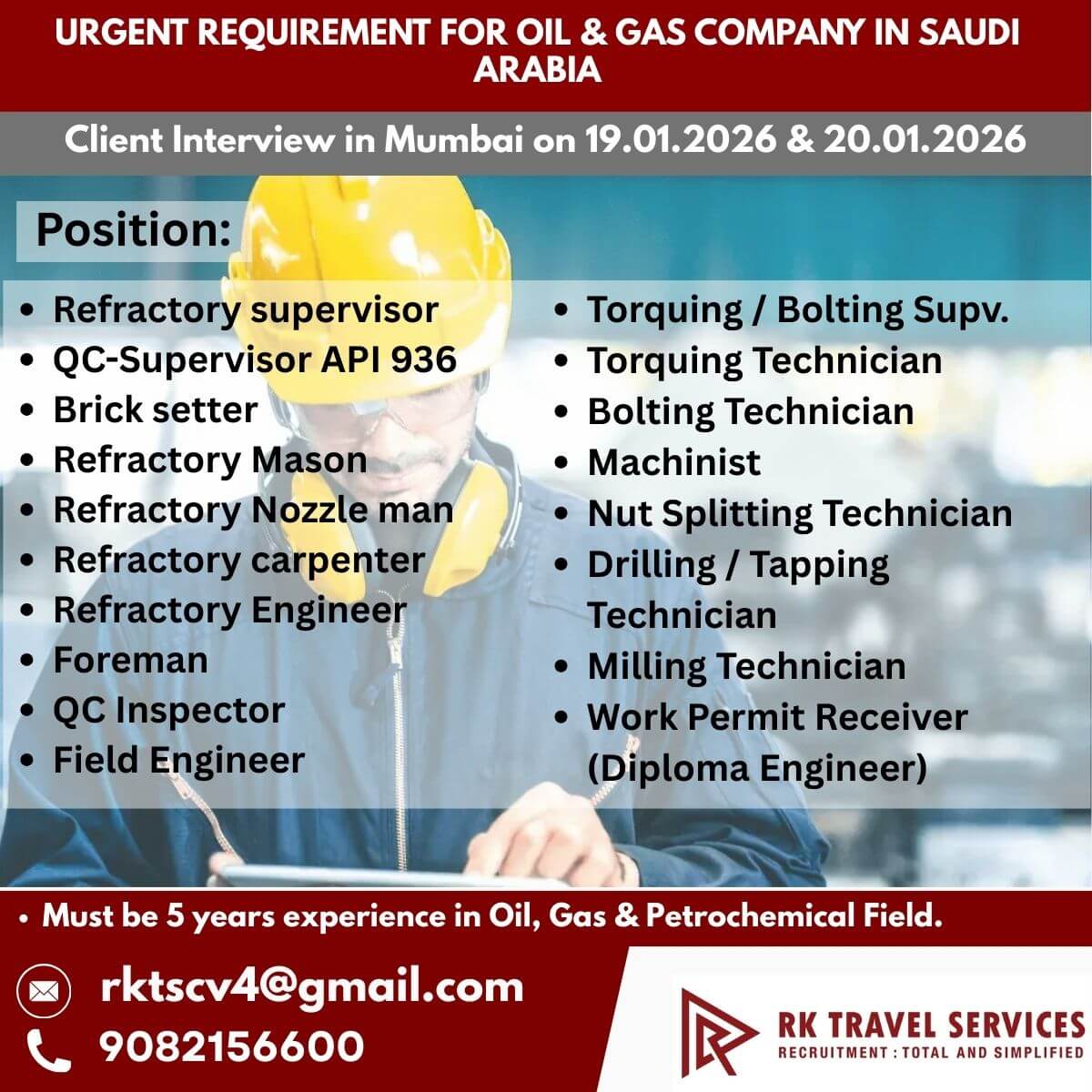 Urgent Requirement For oil & gas Company in Saudi Arabia