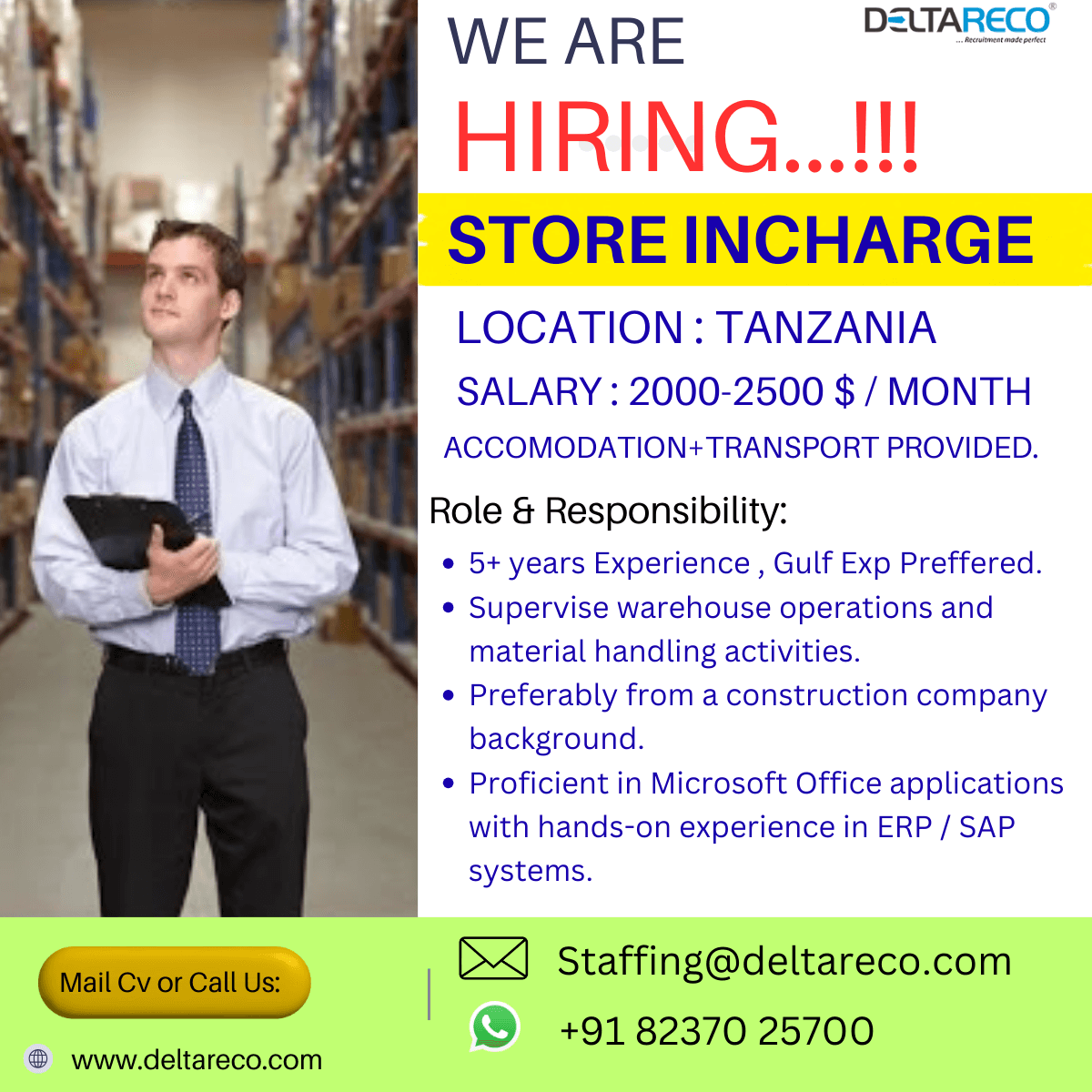 Hiring Storekeeper for Tanzania 5 Year Construction exp Hiring Storekeeper for Tanzania 5 Year Construction exp