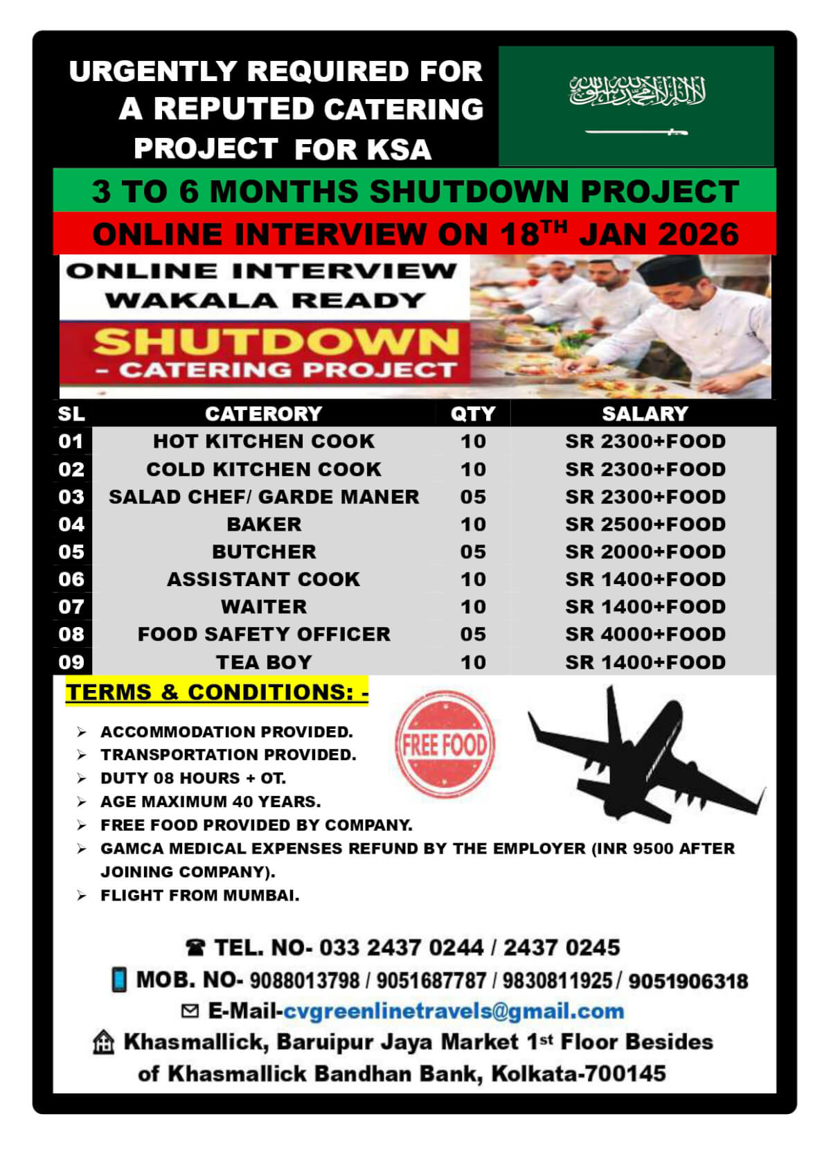 HOT KITCHEN COOK, COLD KITCHEN COOK, SALAD CHEF/ GARDE MANER, BAKERBUTCHER, ASSISTANT COOK, WAITER, FOOD SAFETY OFFICER, ??? ???