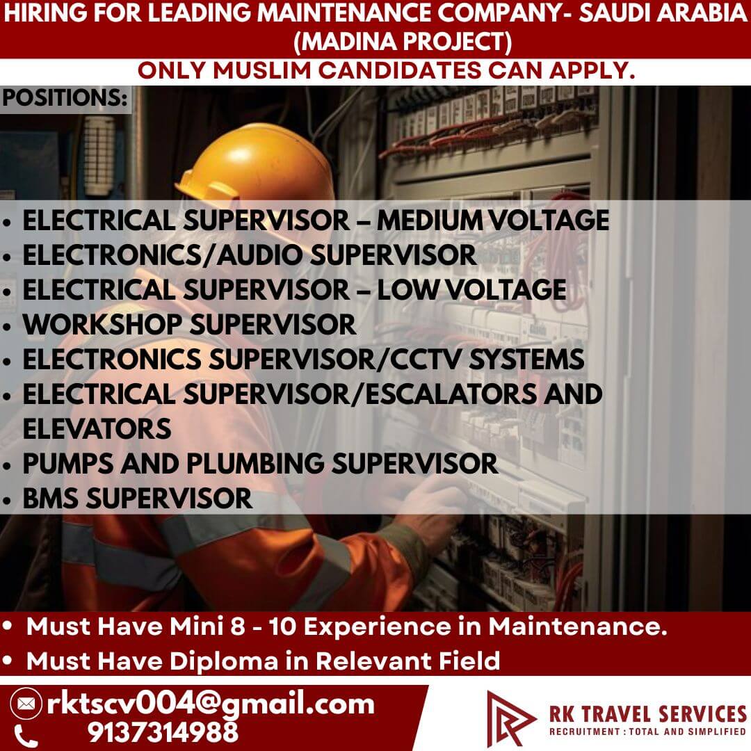 HIRING FOR LEADING Maintenance Company- Saudi Arabia