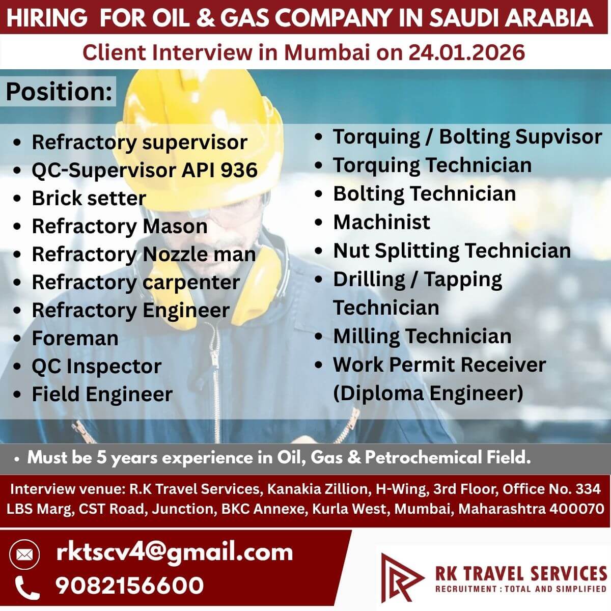 Hiring  For oil & gas Company in Saudi Arabia