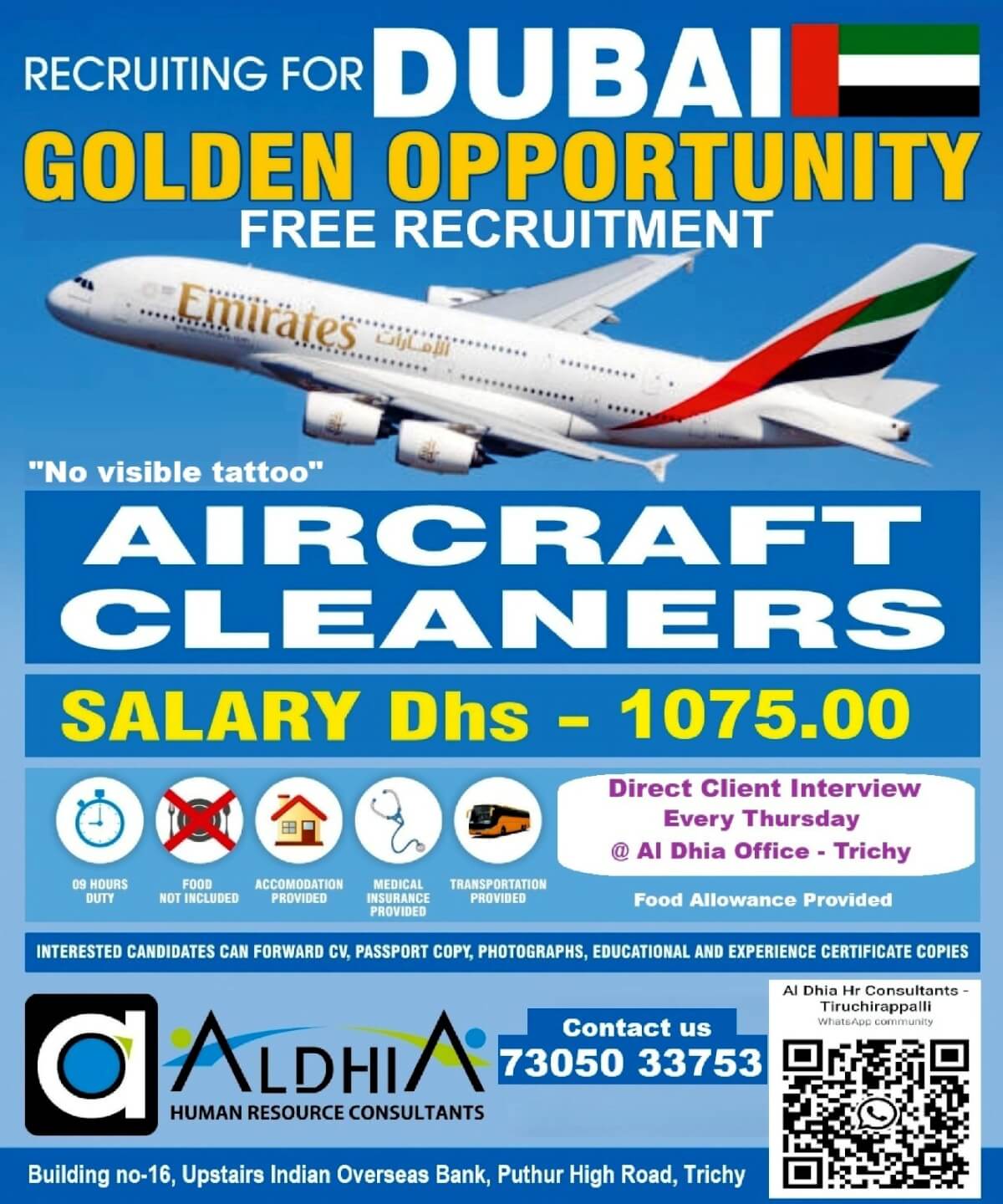 *Airport Project *- Free Visa Hiring for Dubai - Aircraft Cleaners -100nos