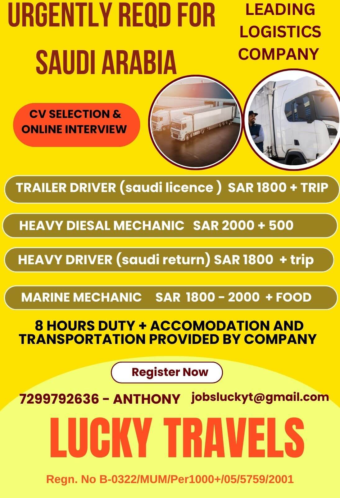Urgently Required for LOGISTICS COMPANY for Saudi Arabia / CV Selection & Online Interview / contact for further details on 7299792636