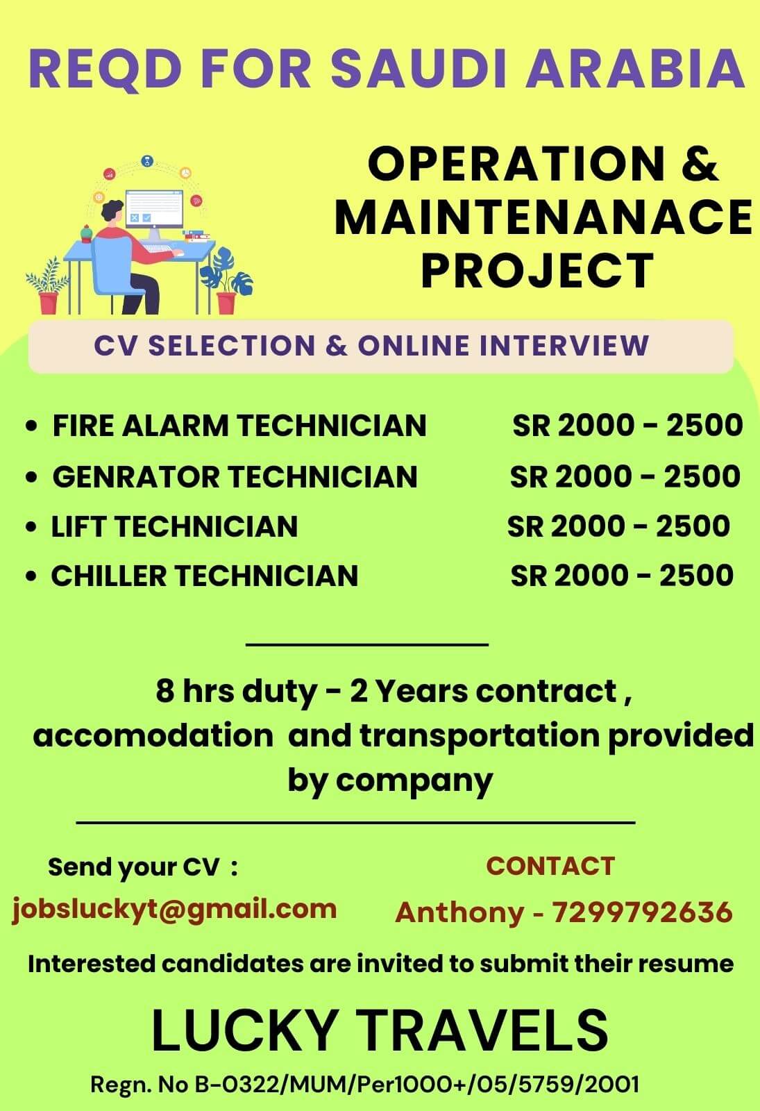 Urgently Required for Maintenance Project for Saudi Arabia / CV Selection & Online Interview / contact for further details on 7299792636 Urgently Required for Maintenance Project for Saudi Arabia / CV Selection & Online Interview / contact for further details on 7299792636