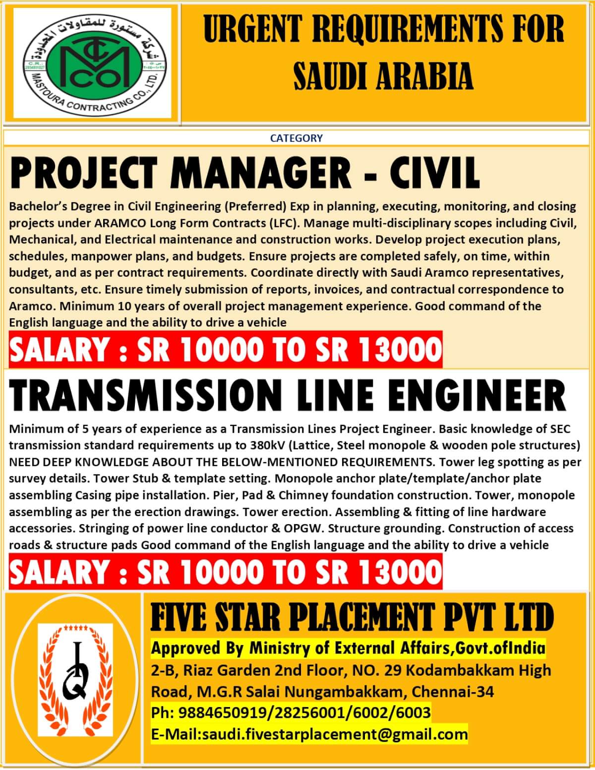 URGENT REQUIREMENT FOR SAUDI ARABIA