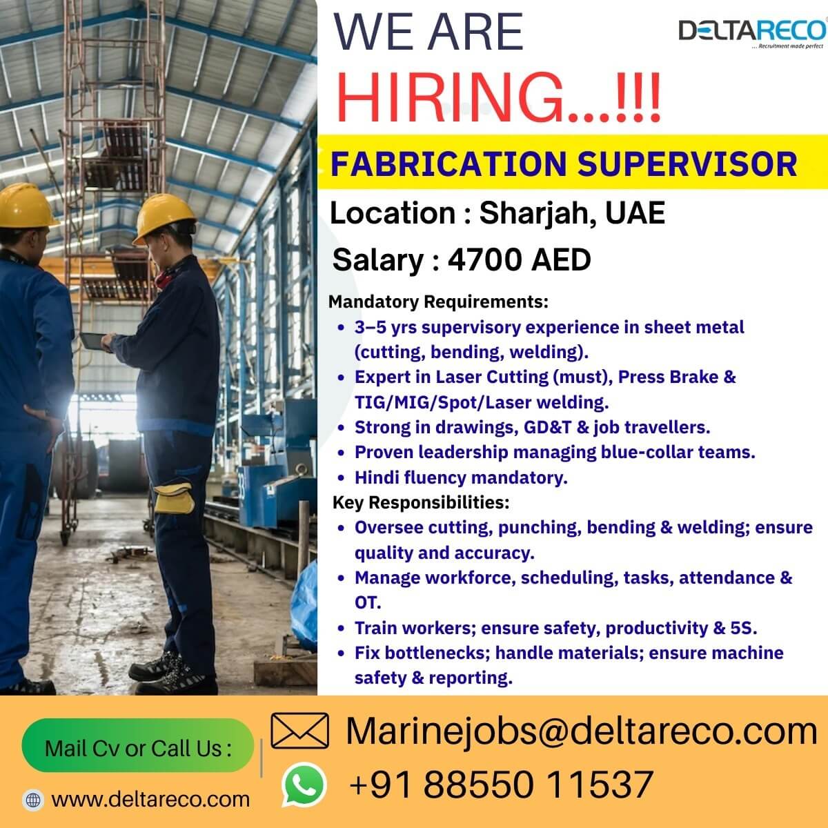 Hiring Fabrication Supervisor For UAE