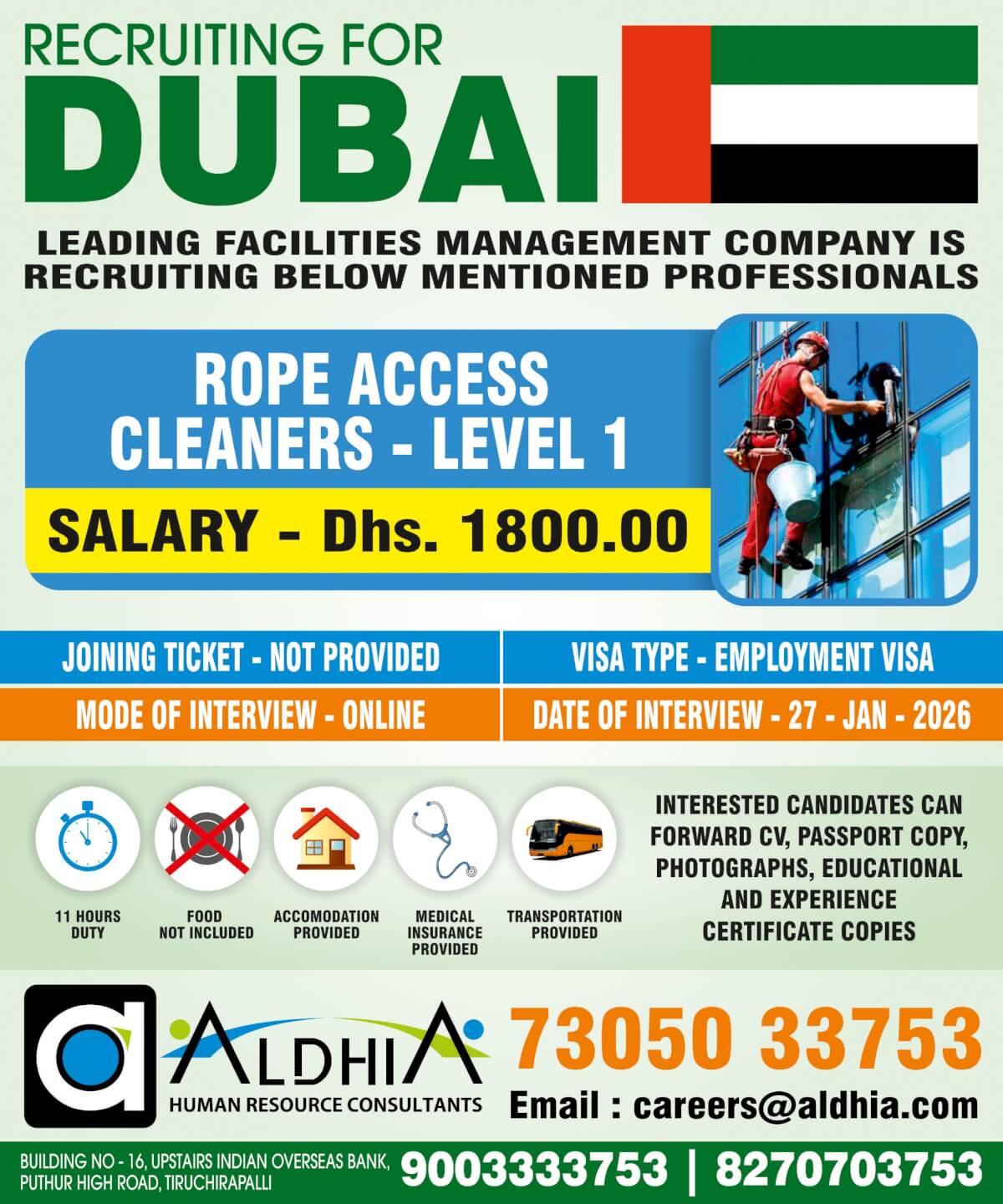 DUBAI 27th Jan Client Interview in Trichy - Rope Access Cleaners - Level 1