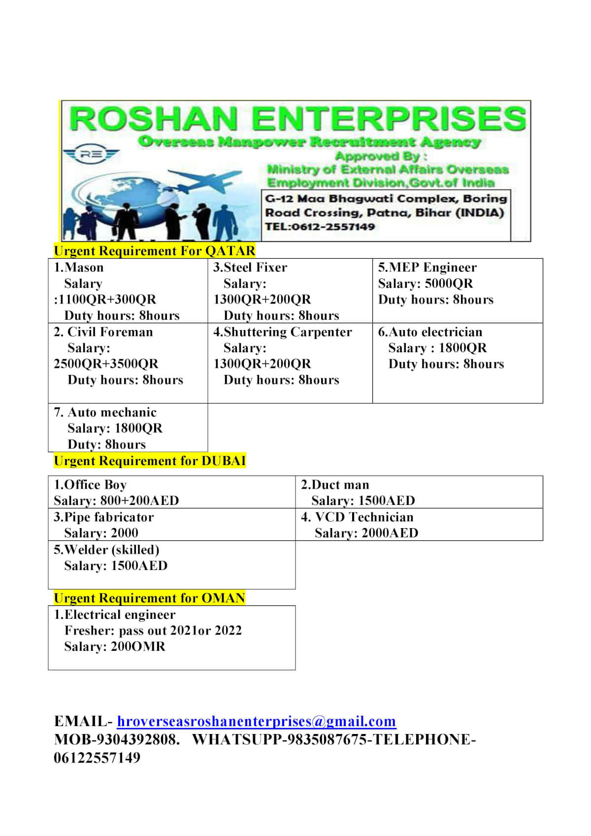 Urgent requirement for gulf countries Urgent requirement for gulf countries