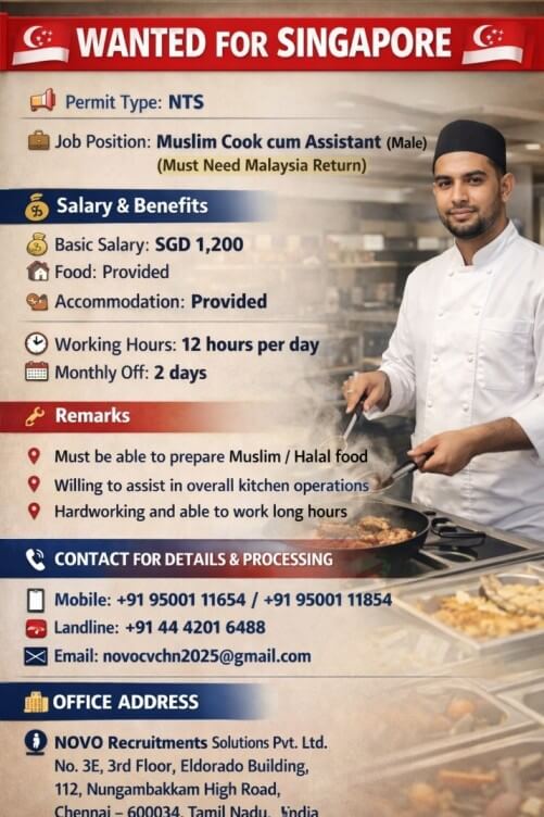 Muslim Cook cum Assistant (Male) (Must Need Malaysia Return)