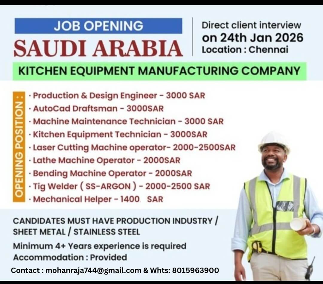 REQUIREMENTS FOR“KITCHEN EQUIPMENT MANUFACTURING COMPANY” SAUDI - DIRECT CLIENT INTERVIEW ON 24.01.2026 (SATURDAY) AT CHENNAI TAMILNADU