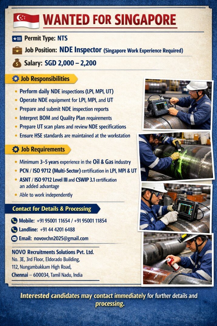 NDE Inspector (Singapore Work Experience Required)