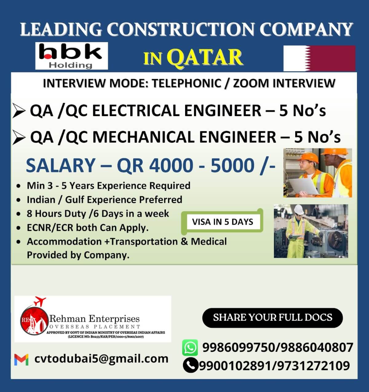 HIRING FOR LEADING CONSTRUCTION COMPANY IN QATAR