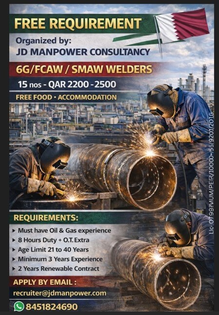 Urgent Vacancy for Qatar( Fcaw / Smaw / 6GR- WELDER)