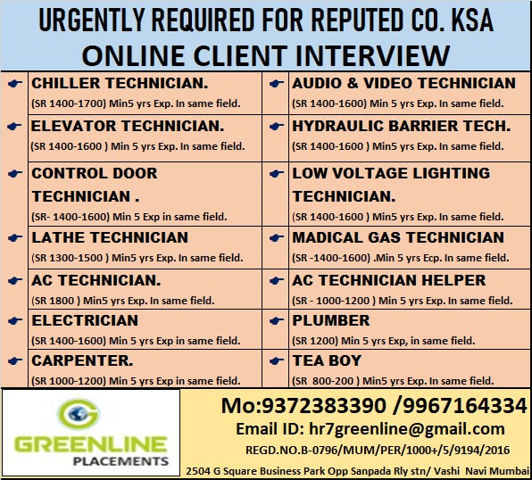 URGENTLY REQUIRED FOR REPUTED CO. KSA