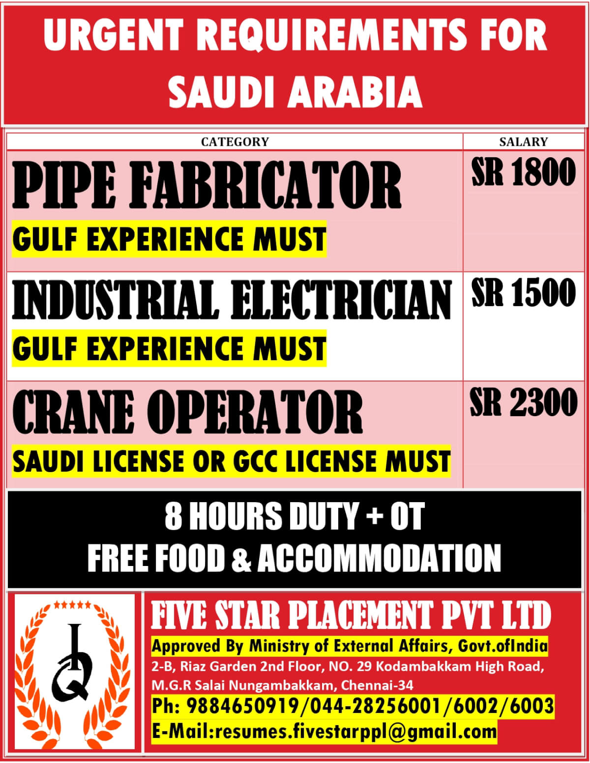 URGENT REQUIREMENT FOR SAUDI ARABIA