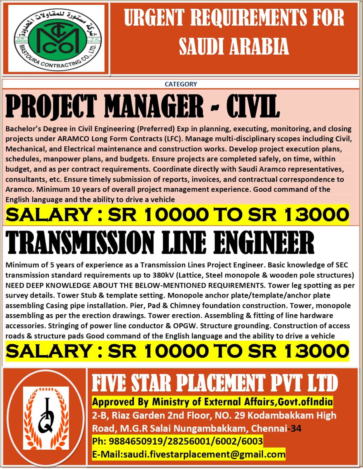 URGENT REQUIREMENT FOR SAUDI ARABIA