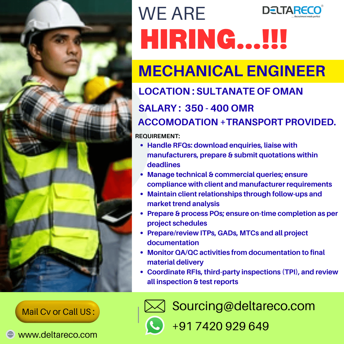 Hiring Mechanical Engineer for Oman with good Salary Hiring Mechanical Engineer for Oman with good Salary