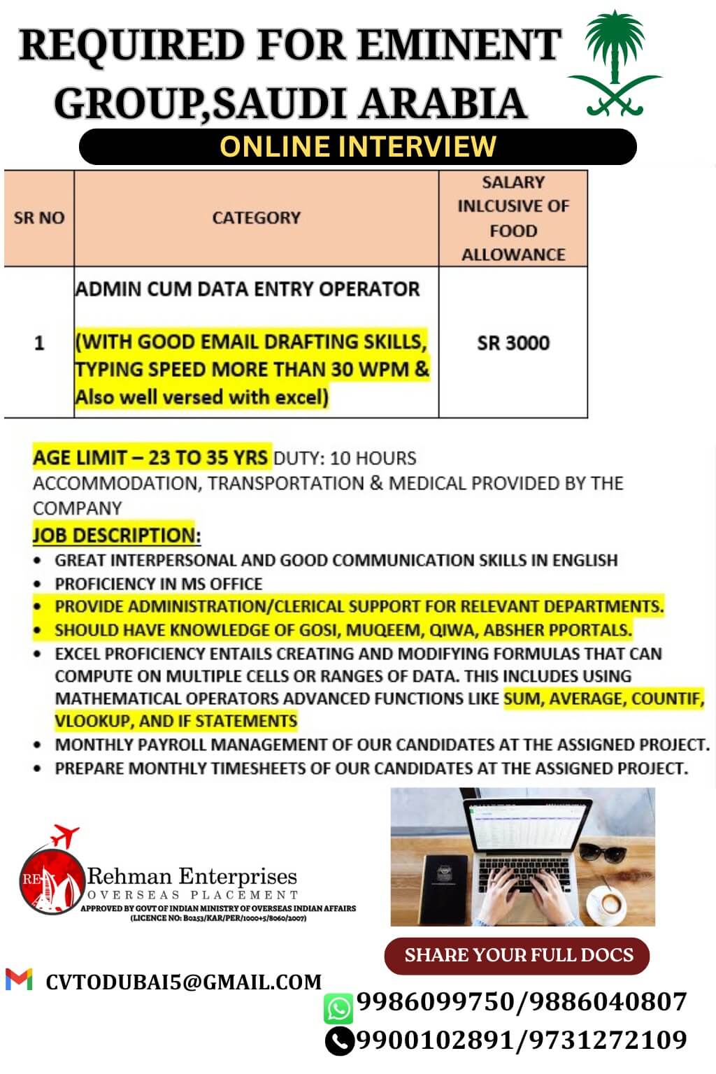 REQUIRED FOR EMINENT GROUP IN SAUDI ARABIA-ONLINE INTERVIEW