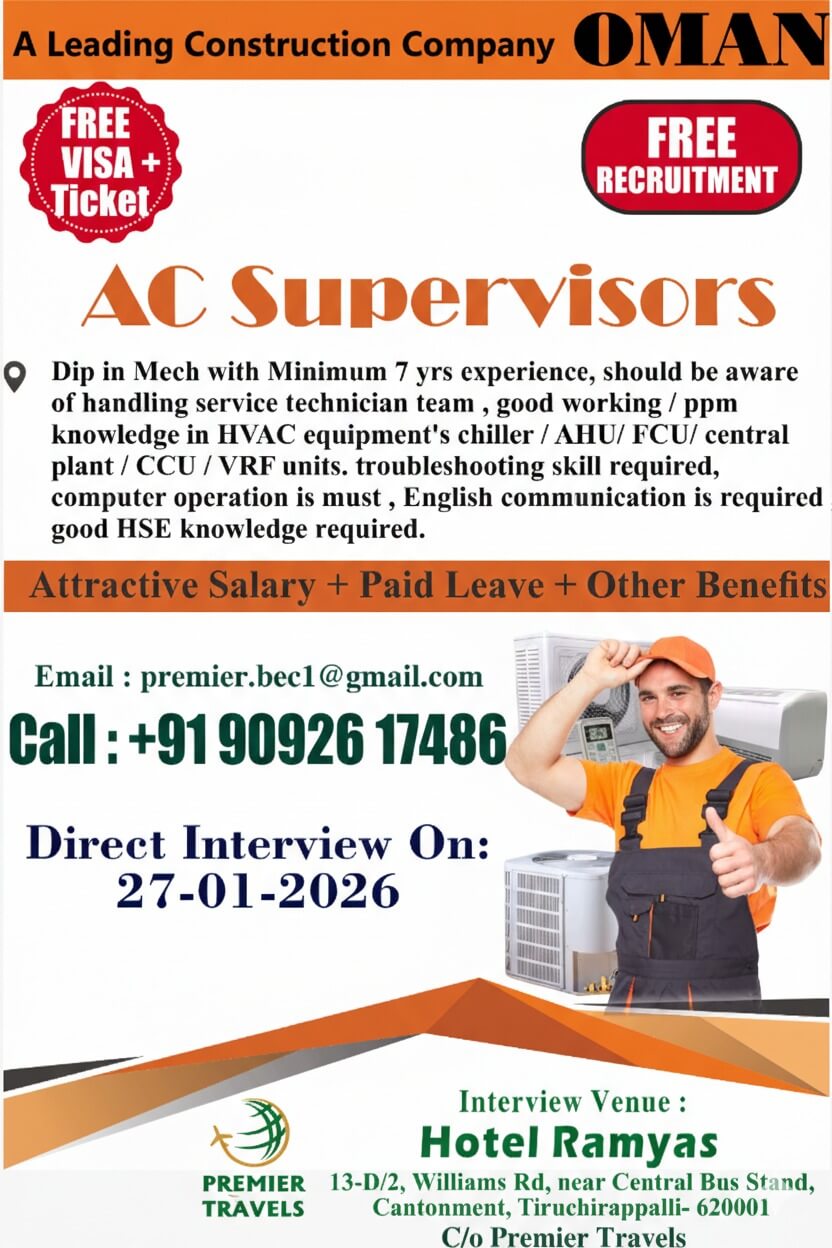 Urgently Required For AC Supervisor Urgently Required For AC Supervisor