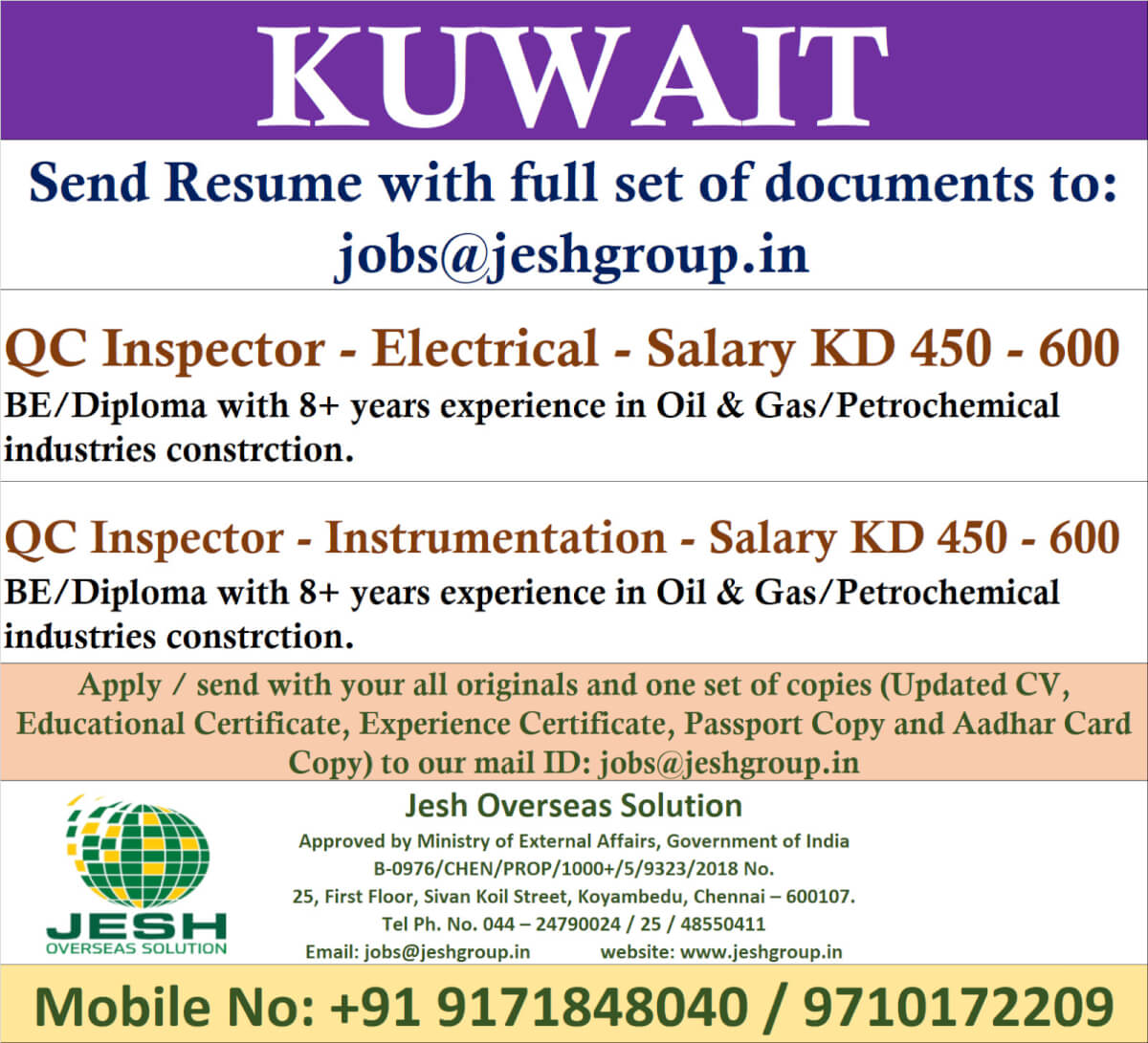 QC Inspector - Electrical, & QC Inspector - Instrumentation QC Inspector - Electrical, & QC Inspector - Instrumentation
