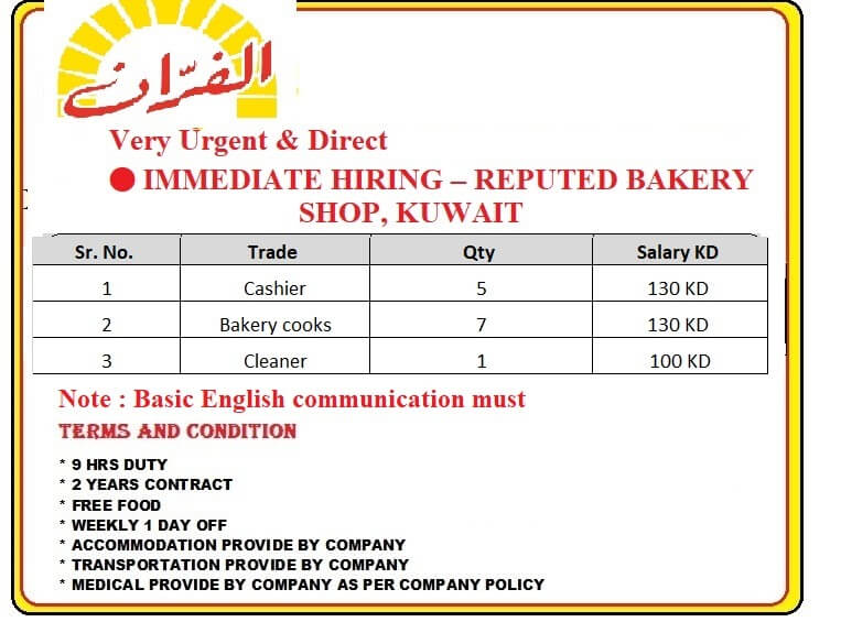 URGENT HIRING FOR REPUTED BAKERY SHOP IN KUWAIT