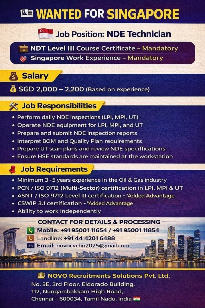 NDE Technician [NDT Level 3 Course Certifcate Must Need] (Must Need Singapore Work Experience Required)