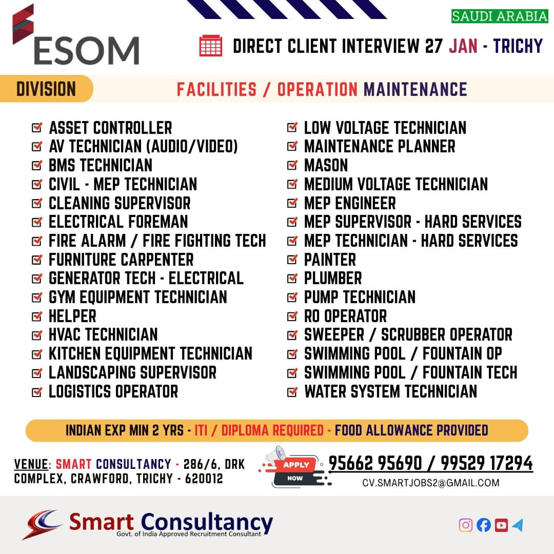 WANTED FOR A LEADING MAINTENANCE COMPANY (SAUDI) DIRECT CLIENT INTERVIEW ON 27 JAN - TRICHY WANTED FOR A LEADING MAINTENANCE COMPANY (SAUDI) DIRECT CLIENT INTERVIEW ON 27 JAN - TRICHY