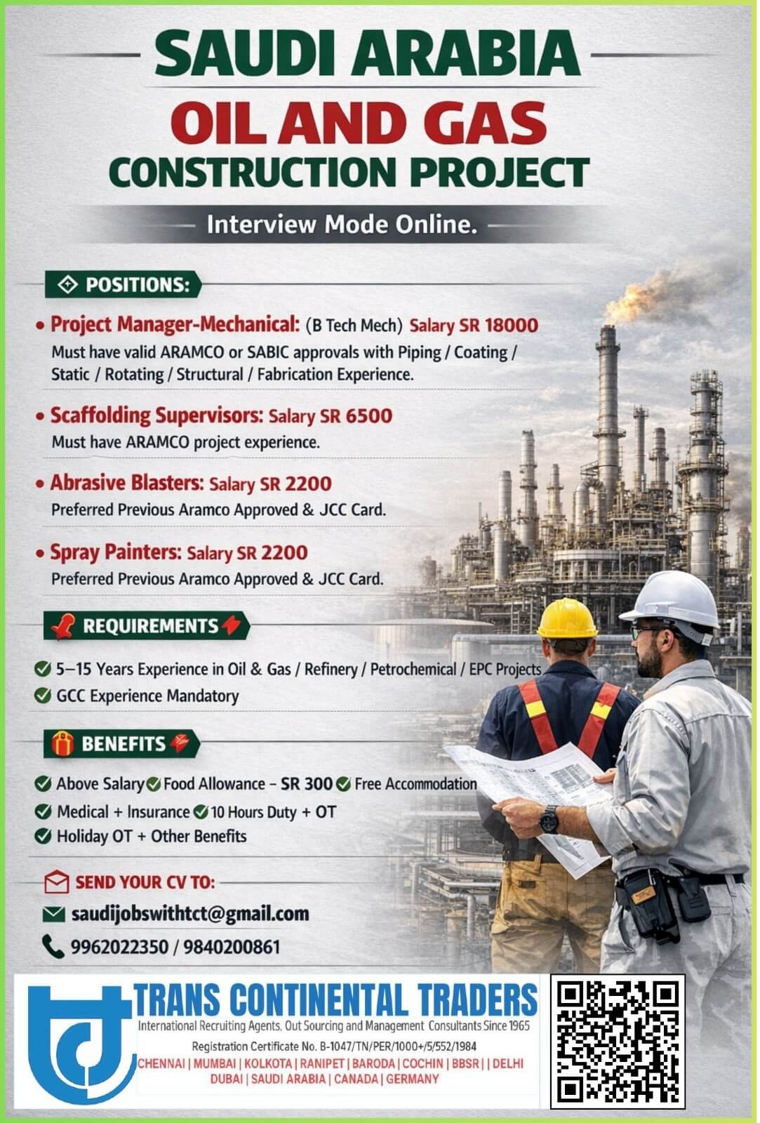 HIRING FOR OIL AND GAS CONSTRUCTION PROJECT-SAUDI ARABIA