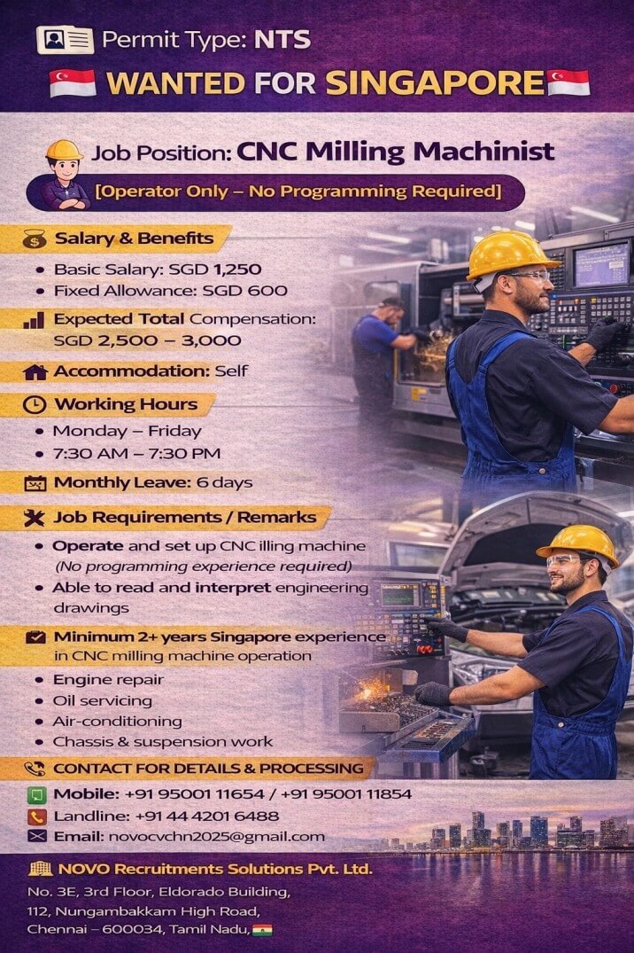 CNC Milling Machinist (Operator Only)  No programming required  Minimum 2 years Singapore work experience required