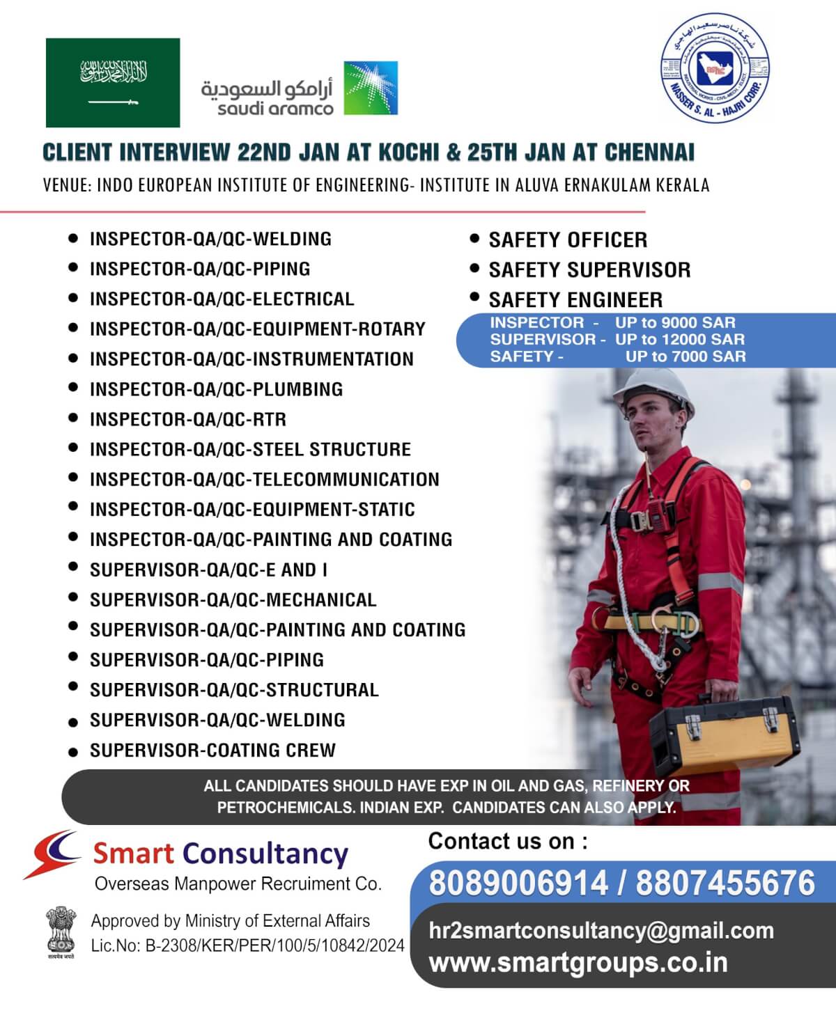 WE ARE HIRING FOR NASSER S AL - HAJRI CORP. SAUDI ARABIA, DIRECT CLIENT INTERVIEW ON 25TH JAN AT CHENNAI, TAMILNADU