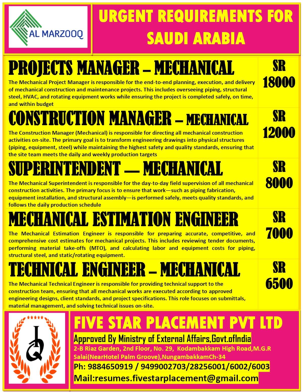 URGENT REQUIREMENT FOR SAUDI ARABIA