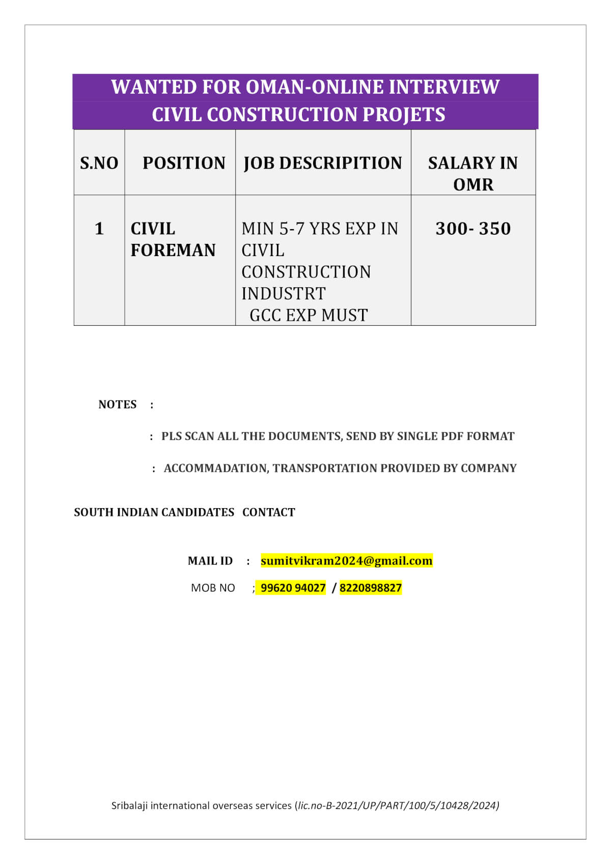 WANTED FOR OMAN - ONLINE INTERVIEW (CIVIL PROJECT)