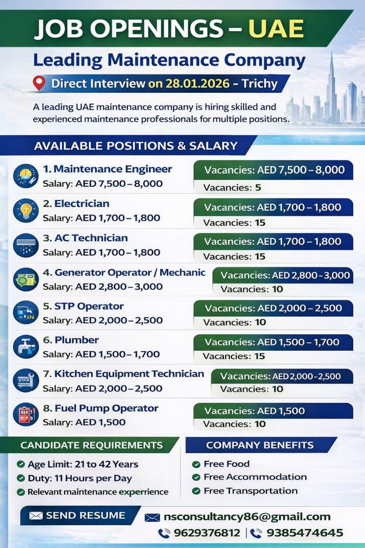 UAE Maintenance Company Jobs – Electrician, AC Technician, Plumber & More | Direct Interview 2026