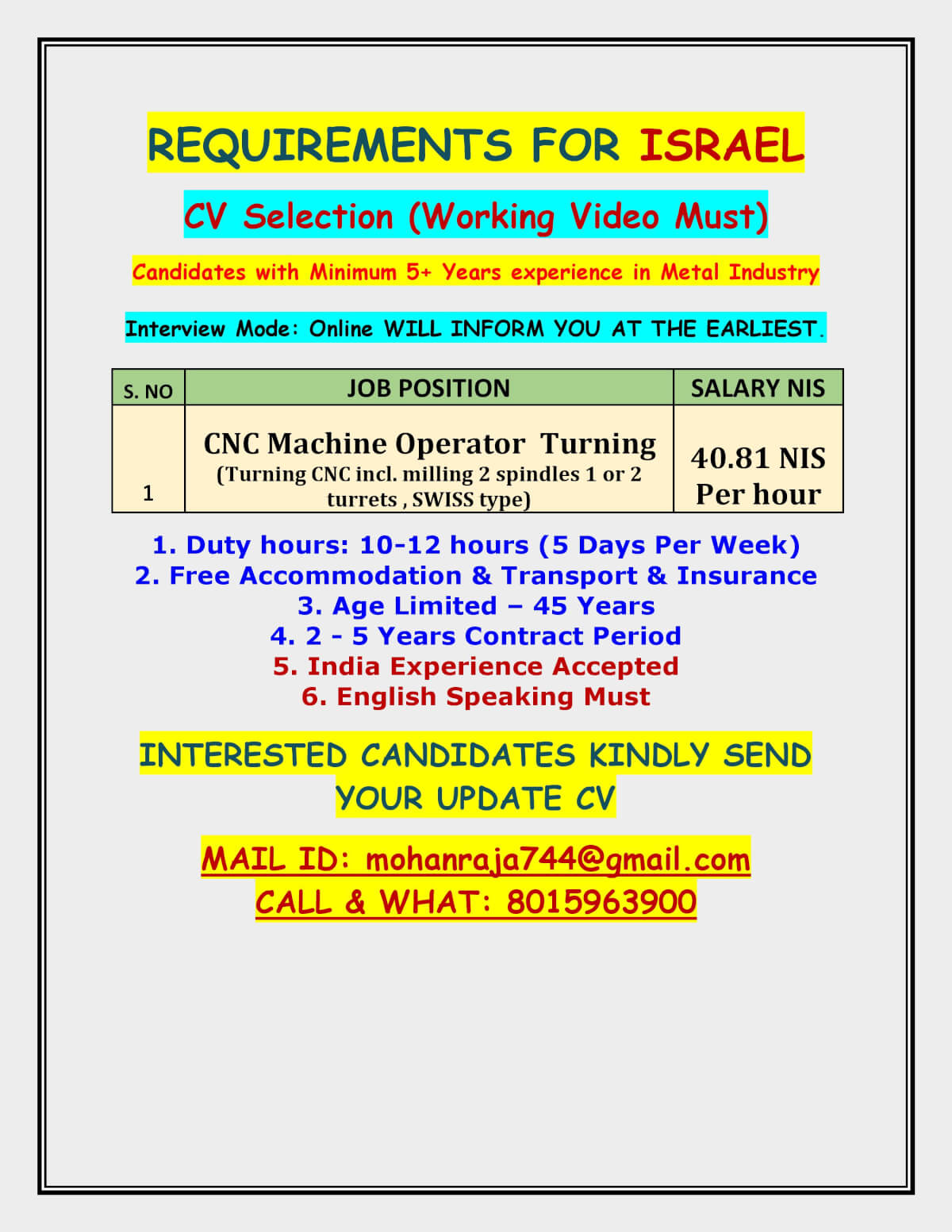 REQUIREMENTS FOR ISRAEL - CV Selection REQUIREMENTS FOR ISRAEL - CV Selection