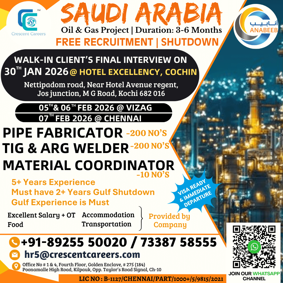 FREE RECRUITMENT - PIPE FABRICATOR / TIG & ARC WELDER FREE RECRUITMENT - PIPE FABRICATOR / TIG & ARC WELDER